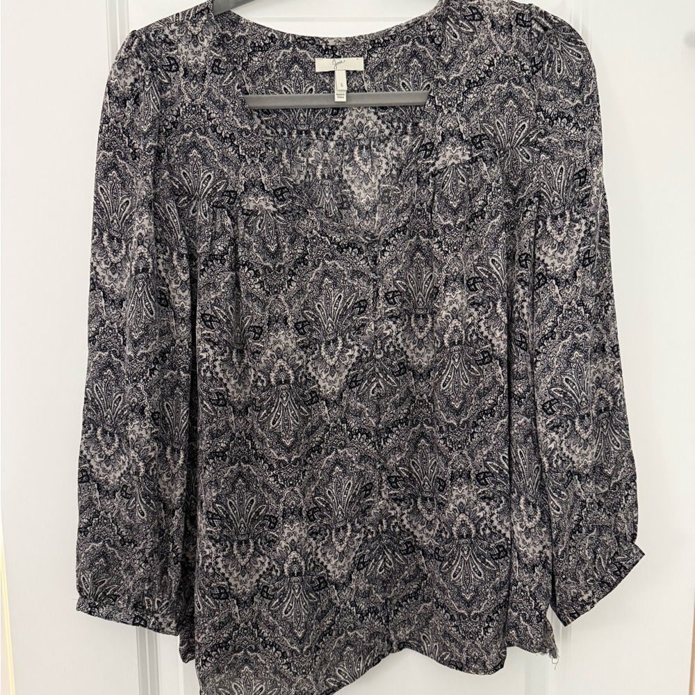 Joie Black and Gray Paisley Silk Blouse Top Size Small
